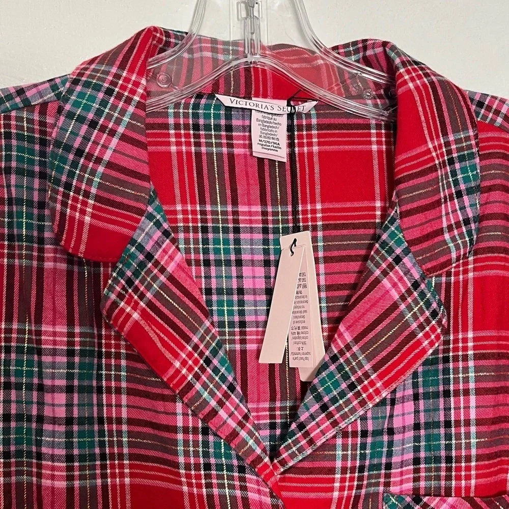 NWT VICTORIA’S SECRET Red Gold Plaid PJ Button Down Sleepwear Top | size Medium